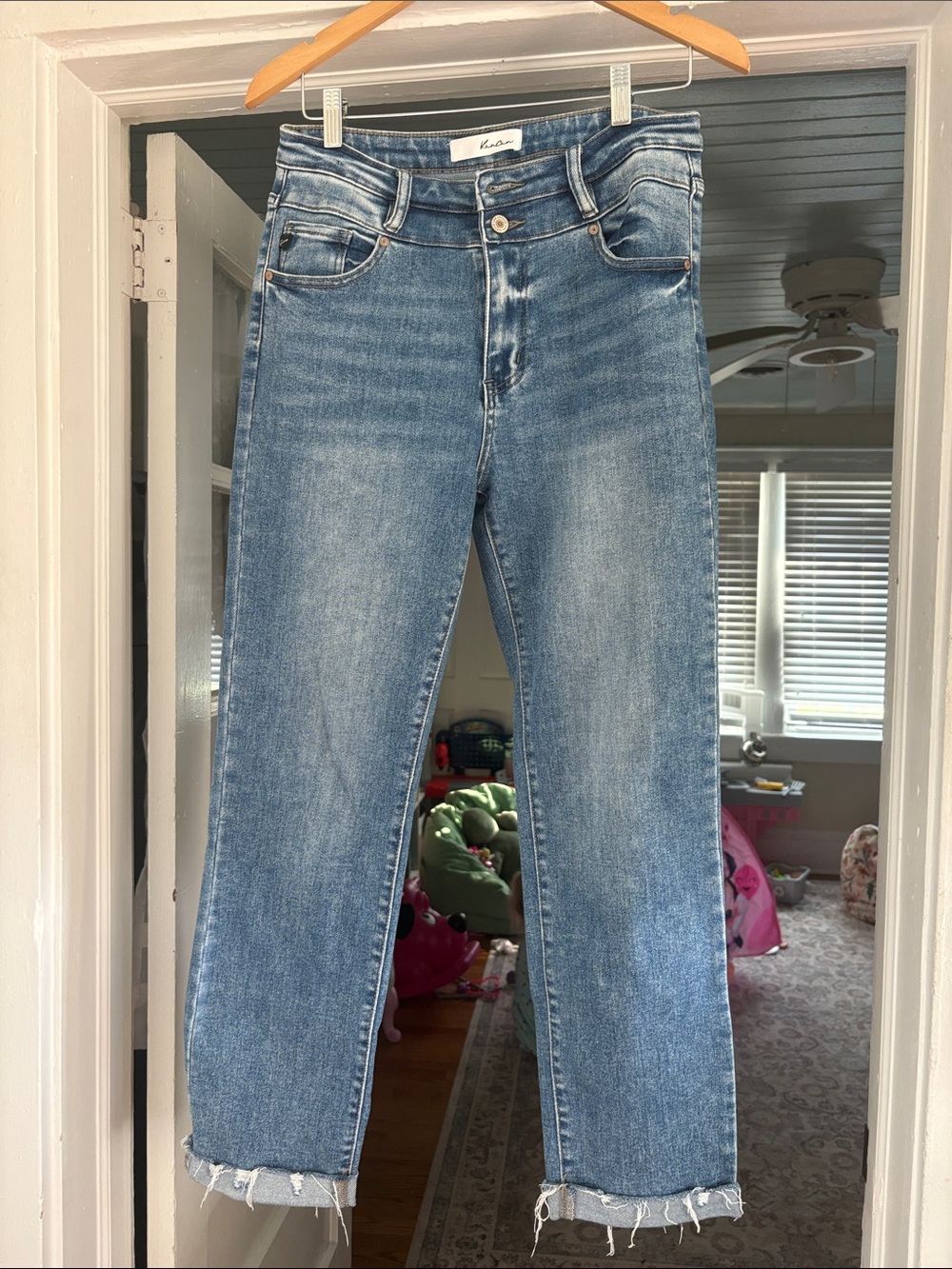 KanCan Light Blue Straight Leg Jeans with Frayed Hem
